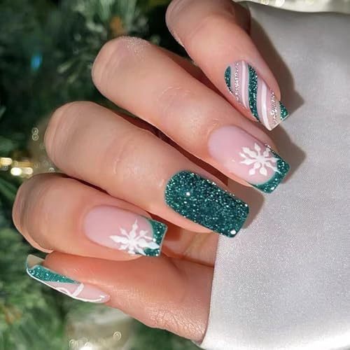Lot de 24 faux ongles de Noël à paillettes pour les fêtes de fin d'année, application facile, motif français