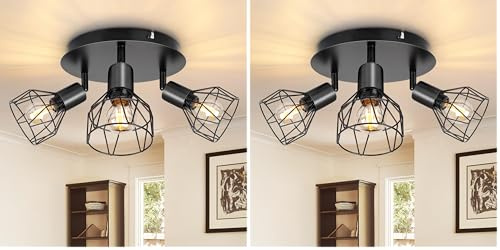 Dehobo Led Deckenstrahler Schwenkbar 350° - Deckenleuchte E14 3 Flammig Rund - Deckenlampe Spots Led Schwarz - Küchenlampe Wohnzimmerlampe Deckenspot Schlafzimmer (Packung mit 2)