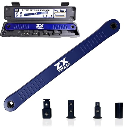ZX TROLES 1/2 Offset Extension Wrench Impact Ready Socket Wrench Extender Tool Universal Extensions Wrench for Small Place, with Versatile 1/4, 3/8, and 1/2 Square Drive Adapters, Blue