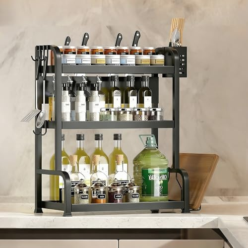 devesanter 3 Etagen Gewürzregal mit 4 Haken und Zubehörhalter,Schwarz | Rostfreier Küchenorganizer mit großem Stauraum. Hält Gewürze, Bretter und Utensilien ordentlich auf der Arbeitsplatte.