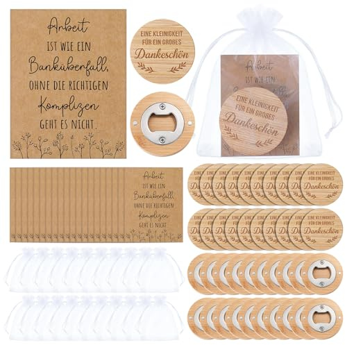 Fiada 20 Set Regalo di Ringraziamento Apribottiglie Magnetico in Legno con Sacchetti in Organza Biglietti per Comunione Battesimo Matrimonio Colleghi Insegnanti(Arbeit IST WIE EIN Banküberfall)