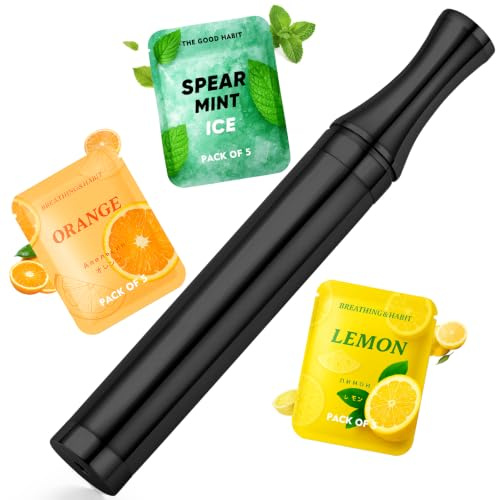 Stainless Steel Flavoured Air Inhaler with 15Pcs Mix-Flavoured Filters Anxiety Relief Habit Replacing Breathing Stick,Mint,Lemon,Orange Flavoured Filters,Black
