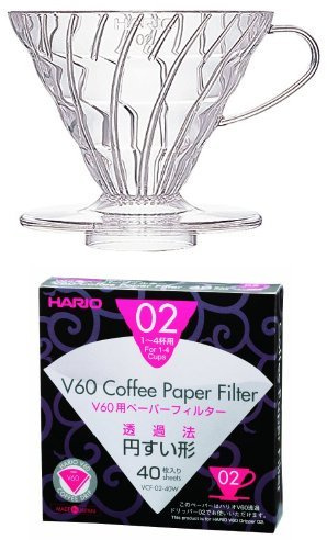Hario V60 Clear Coffee Dripper 02 with White V60 Paper Filters 40 Sheets & Measuring Scoop