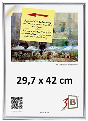 3-B FOTO Bilderrahmen - 29,7x42 (A3) - Silber - Kunststoff-Bilderrahmen, Wandrahmen, mit Acrylglas