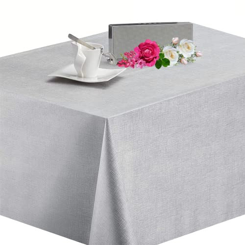 KP HOME Luxury Linen Look PVC Wipe Clean Table Cloth Rectangular 250x140 cm / 98x55 In - Wipeable Tablecloth Up To 8 Seats – Waterproof Plastic Kitchen Vinyl Oilcloth Elegant Plain Silver, Grey