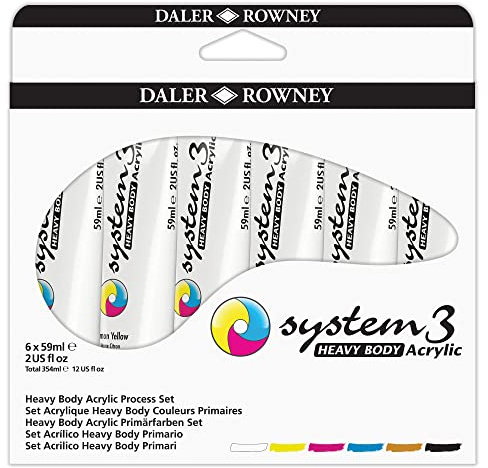 Daler-Rowney System3, Acrylfarbe, Kunststoffkanister, dickflüssig, 59 ml, Kartonschachtel, Starterset, 6 Farben sortiert | Verschiedene Oberflächen, verschiedene Farben, für professionelle Künstler und Studenten