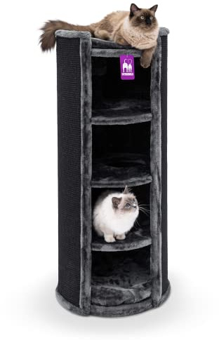 Petrebels XXL Kratztonne für große Katzen, Superdome 120 cm, Schwarz | extrem stabil, Ø 50 cm Breit, Natur-Sisal, integriertes Spielseil, Katzen Tonne mit waschbarem Kissen