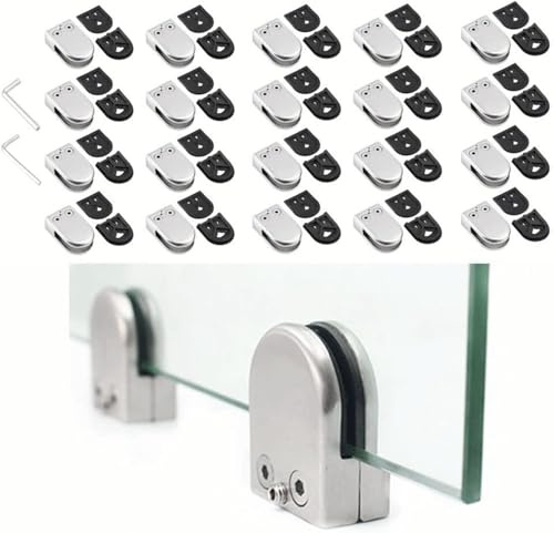 Nisorpa 20 Stück Glasklemmen, Glasklemmhalter, Halterungen für Glasscheiben, 10–12 mm, Edelstahl, Glas-Clip, flache Rückseite, verstellbare Klemmhalterung für Geländer, Treppengeländer, silberfarben