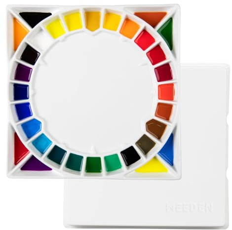 MEEDEN Paleta grande de acuarela de cerámica de 32 pozos con tapa, paleta de pintura de porcelana para pintura de acuarela con tapa, bandeja grande para mezclar para artistas, cuadrado de 12-3/5