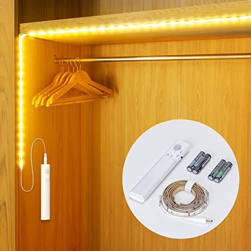 Aigostar - Tira Luz Cuerda de 1m con Sensor de Movimiento, Tira de Luces LED 3000K Blanca Cálida, IP65 Impermeable, Luz LED Nocturna Funcionamiento con Pilas, Tira LED Autoadhesiva. Luz Armario