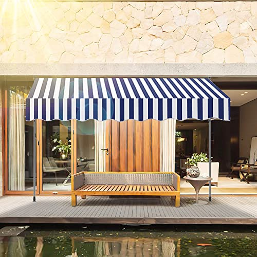 SWANEW Klemmmarkise mit Handkurbel 200x120cm Blau Weiß Balkonmarkise ohneBohren, Markise UV-beständig 50+ höhenverstellbar Sonnenschutz wasserabweisend, einfache Montage