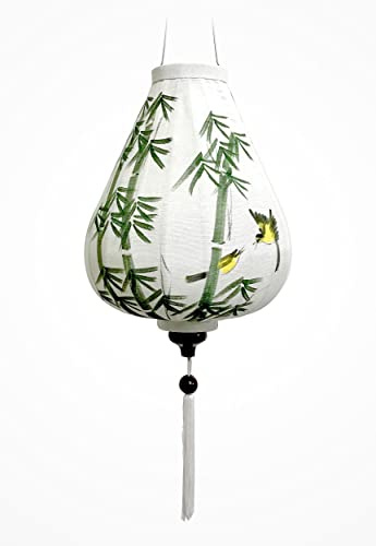 Asiatische Laterne aus Weißem Leinenstoff G - Durchmesser Ø33cm - Handbemalte Laterne mit Bambus und Vogelpaar Motiv - Dekoration und Kunsthandwerk aus Vietnam (G25-TRE)