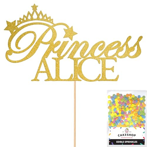 Personalised Birthday Princess Glitter Cake Topper- Gold Any Custom Name Glitter Cake Decoration and Sprinkles - Happy Birthday Decorations - Personalised Toppers for Cakes by Cakeshop