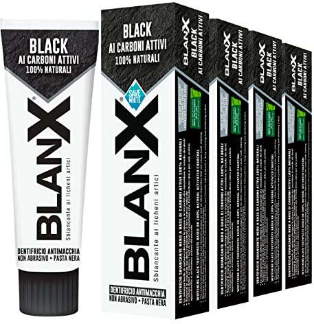 4 x BLANX Zahnpasta Black mit Aktivkohle 100 % natürlich, nicht scheuernd, schmutzabweisend und aufhellend, 4 Flaschen mit je 75 ml