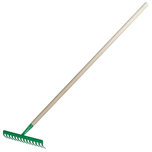 Garten Gerät Harke Rasen Boden Erde Rechen 14 Zinken Stahl grün Gartenrechen 35,5 cm mit Holz Stiel