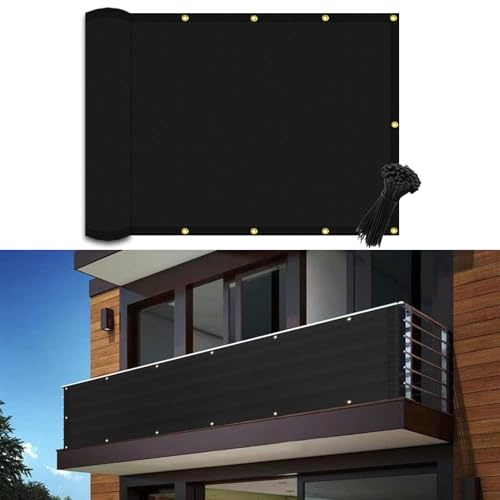 0.9x6m Black Balcony Privacy Screen Fence Cover UV Protection Weatherproof Waterproof Windscreen for Apartments Patio Outdoor Backyard Porch Deck Railing with Cable Ties