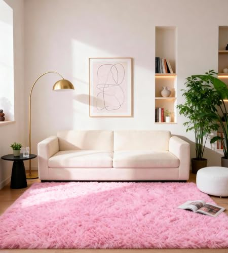 MARATIP Teppich Wohnzimmer Rosa 200x300 cm flauschig weich | Hochflor-Teppich, waschbar, rutschfest, weich. Ideal für offene Räume, Esszimmer und große Schlafzimmer.