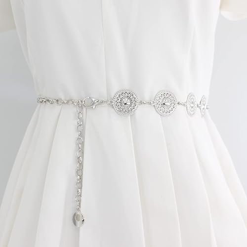 Kettengürtel Damen für Kleider,Taillenkette Damen Vintage Einstellbare Schnalle Langer Hüftgurt Gürtel Elastisch Kettengürtel Metallgürtel für Kleid Hochzeit Party Brautjungfernkleider Silber