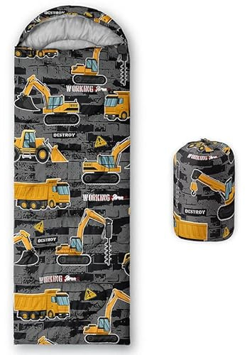 Datura home Kinder-Schlafsack für Jungen, Cartoon-Bagger-Konstruktion, leicht, warm, für drinnen und draußen, wasserdicht, kältebeständig, Schlafsack für Camping, Wandern (Bagger 2 81,3 x 228,6 cm)