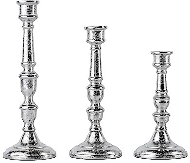 3er Set Kerzenständer Kerzenhalter Aluminium Silber Deko - Kerzenleuchter Modern für Stabkerzen - Tischdeko Hochzeit - Dekoration Wohnzimmer - H 21, 26 und 31 cm
