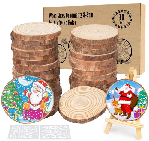 30Pcs Natural Wood Slices for Crafts 8-9cm Undrilled Wooden Log Slices | Unfinished Wooden Discs with 2 Easel & 2 Painting Templates for DIY Crafts Coasters Wedding Christmas Ornaments