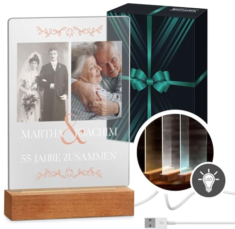 Maverton beleuchteter LED-Fotoaufsteller mit Echtholzsockel - personalisiertes LED-Acrylglas mit eigenem Foto für Paare - Glasbild zur Hochzeit zum Valentinstag - Größe: 15x24x4,5cm - Jahrestag