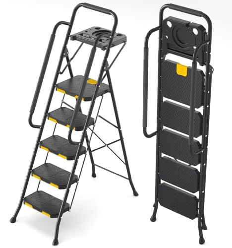KINGRACK Scaletta 5 Gradini, Scala Pieghevole con Vaschetta Portaoggetti e Corrimano di Sicurezza, Scala Domestica in acciaio con Pedale Largo Antiscivolo, per casa, cucina, dispensa, armadi, ufficio