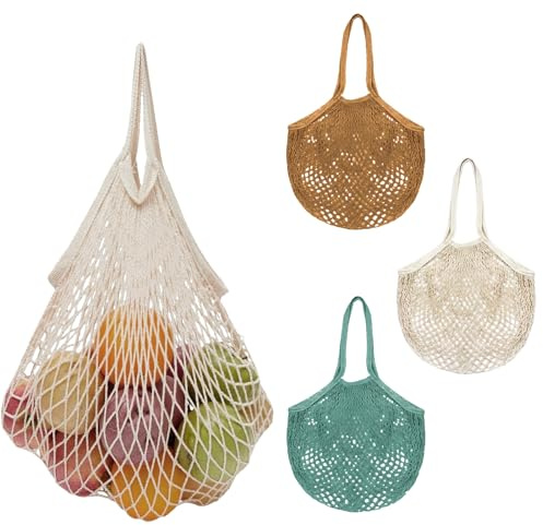 Eowppue Pack of 3 Shopping Net Fruit Vegetable Large Net Bag Tote Bag Reusable Shopping Bag Net Foldable Mesh Bag Portable Mesh Bag Cotton Shopping Net Bag for Shopping Market