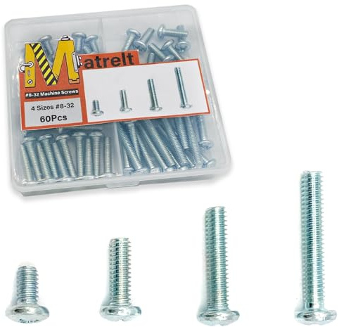 60 Pcs 4 Sizes #8-32 Machine Screws Knob Screws Cabinet Electricians Screws, Carbon Steel Zinc-Plated Phillips Pan Head Machine Screws Assortment Kit