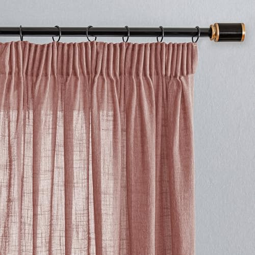 MYSKY HOME Gardinen Kräuselband Leinenoptik Vorhang Moderner Natürlicher 2er Set H 160 x B 140 cm Gardine Kurz Halbtransparent Vorhänge für Wohnzimmer und Kinderzimmer, Ziegelrot