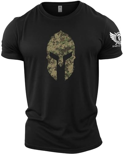 GYMTIER Spartan Helmet Woodland Camo - Spartan Forged - Men's Gym T-Shirt - Bodybuilding Workout Top