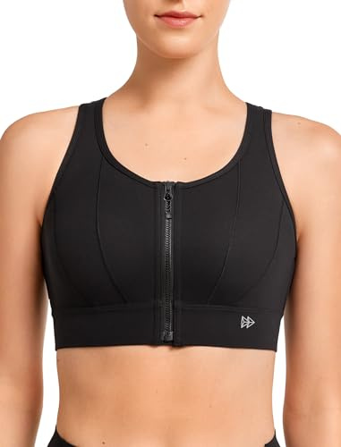 Yvette Front Closure Sports Bras for Women High Support Large Bust Supportive Sports Bra High Impact for Running,Black,XL+
