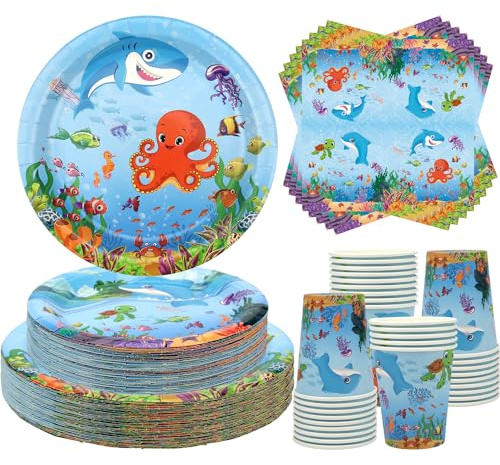 Under The Sea Party Supplies - Servizi da tavola per feste marine, 40 piatti piani, 40 piatti da dessert, 40 tazze, 40 tovaglioli