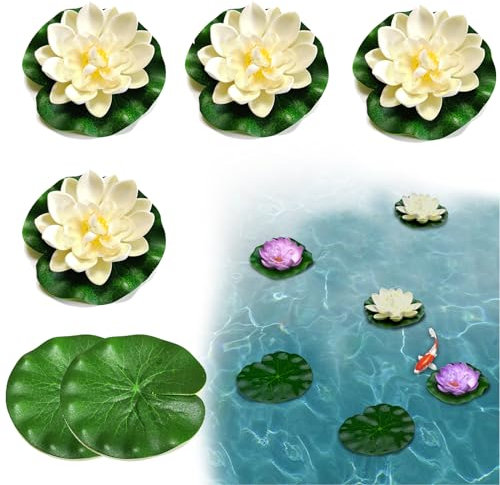 SwirlColor Fiore di Loto Foglie di Loto set 6 Pezzi, Realistico Ninfee Artificiali Fogliame Galleggiante in Schiuma per la Decorazione Dello Stagno Dell'acquario - Bianco