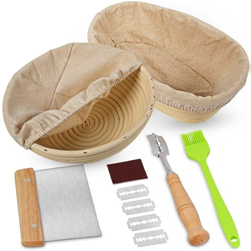 Swice Bread Proofing Basket Set, 9-Inch Round & 10-Inch Oval Banneton Sourdough Starter Kit with Lame, Dough Scraper, Linen Liner, and Basting Brush, Complete Bread Making Supplies and Tools
