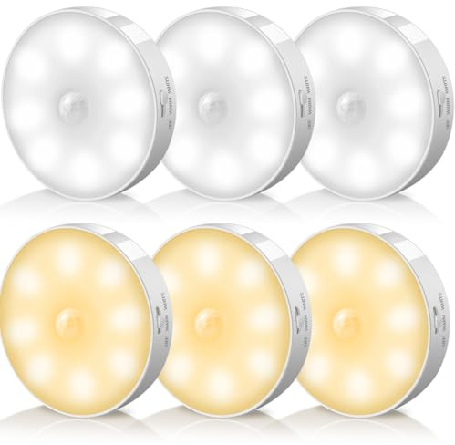 Ddlisu Motion Sensor Lights Indoor, Warm/Cool White, Motion Sensor Cupboard Lights, Smart Stair Lights USB Rechargeable, Smart Wireless Magnetic Night Light for Closet, Kitchen, Hallway, 6 Pack