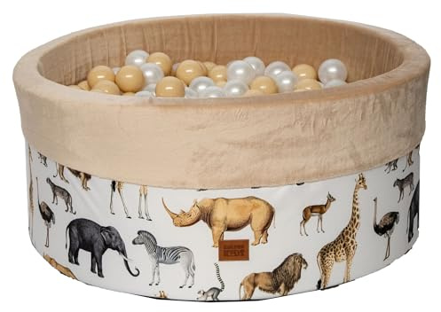GoldenGroup Baby 90x40 cm Bällebad mit 200 Bällen - Spielzeug - Bällebad aus Samt - Rundes Bällebad aus Schaumstoff - Zoo Ball Pool + beige, Perla, pernamental Bälle