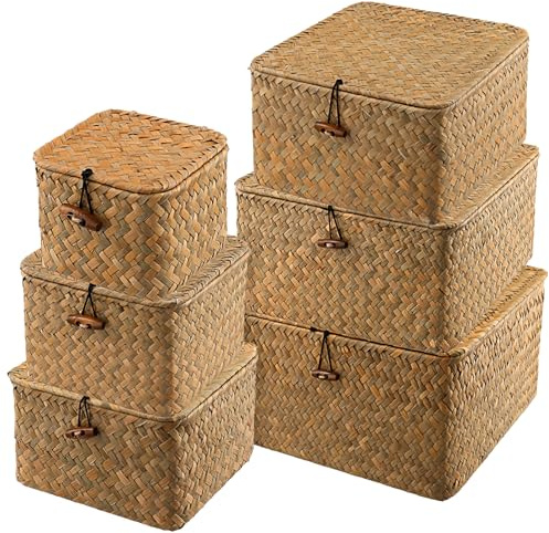 MOUYAT 6 cestas de mimbre con tapas, cestas de almacenamiento de mimbre con tapas, contenedores organizadores rectangulares hechos a mano, cesta de almacenamiento de hierba marina tejida a mano para