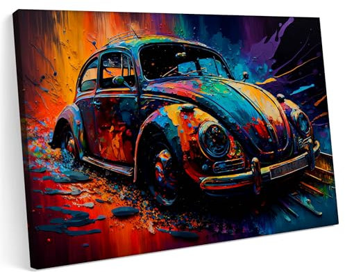 Printonia Leinwandbild m Bild auf Leinwand 120x80 VW Käfer Classic Oldtimer Neon Abstrakt Bunt