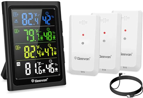 Geevon Indoor Outdoor Thermometer Wireless with 3 Remote Sensors, Digital Hygrometer Indoor Thermometer, Temperature Humidity Monitor Gauge with 200FT/60M Range (281A TN with Batteries)
