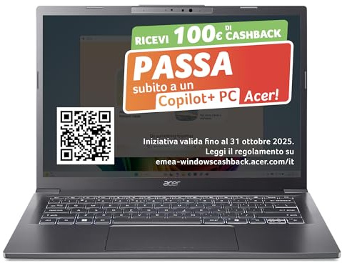 Acer Aspire 14 AI Laptop 14 WUXGA OLED Intel Core Ultra 7-256V | 16 GB RAM, 512 GB SSD, Copilot+ PC, Windows 11, QWERTY, PC Portatile IA