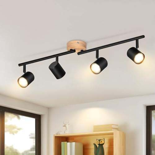 Deckenstrahler 4 Flammig Deckenlampe Holz - GU10 LED Deckenleuchte Vintage | Deckenspot Schwenkbar Vintage Strahler Spots für Schlafzimmer Wohnzimmer Flur Küche Esszimmer Ohne Leuchtmittel