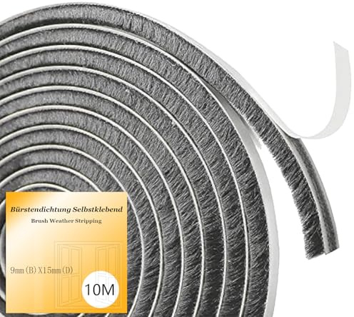 10M Bürstendichtung Selbstklebend, 9 mm(B) x 15 mm(D),Bürstendichtung für Rolladen,Schiebetür,Fenster,Tür,Kleiderschränk,Türdichtung Bürsten,Insektenschutz