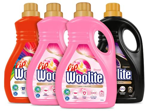 Lip Woolite Detersivo Lavatrice Liquido per Capi Delicati, 25 Lavaggi con Cheratina, 4 Flaconi da 1500 ml: 2 per Lana e Delicati, 1 per Capi Scuri, 1 per Capi Colorati