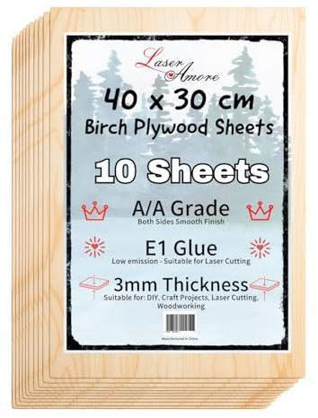 Laser Amore 400x 300x 3mm Birch Plywood Sheets - Pack of 10 - Grade A/A Laser Compatible Low Fume E1 Glue - Unfinished Wood Veneer Sheets - DIY Home Decor Arts and Craft