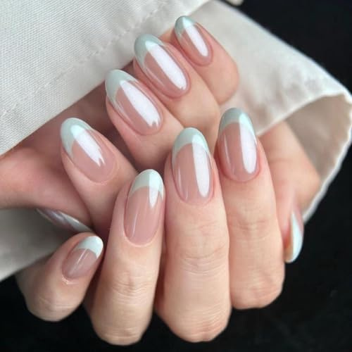 KQueenest Chrome Press On Nails - Glitzer Weiß French Nägel zum Aufkleben Kurz Runde, Sparkle Bling Fake Nails Künstliche Fingernägel zum aufkleben, Glasiert Acryl Nägel für Frauen, 24 Stück
