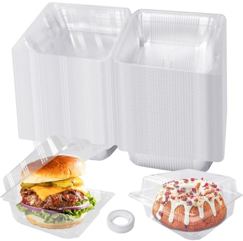 Haawooky 100 Pcs Clear Plastic Square Hinged Food Container,Disposable Cake Slice Clamshell Takeout Tray,Plastic To Go Containers with Clear Lids for Pastry,Salad,Dessert,Sandwiches,5.3x 5.1x 2.4