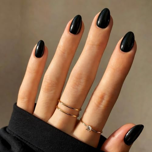 SXVME Black Press On Nails Short Oval, Glossy Short False Nails Almond, Salon Quality Manicure, Reusable Soft Gel Fake Nails for Women Everyday Wear, 24 Pcs