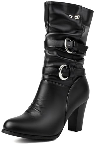 Galindopia Pleated Slouch Stiefel Ankle High Block Heel Dressy Motorcycle Stiefeletten Heels Schnalle Belt Nieten Chain Kampfstiefel Plus Black Size 42