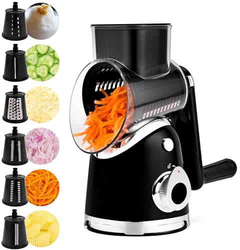 SUSTEAS Rotary Cheese Grater with Handle,Vegetable Slicer with 6 Interchangeable Blades, Reinforced Suction,Easy to Clean,Kitchen Shredder for Crushed Ice,Fruits and Nuts with Blade Storage Case,Black